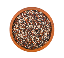 Quinoa seeds in wooden bowl on transparent png top view.