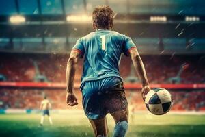 Back view of soccer player on the field of stadium photo