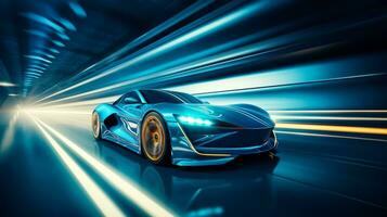 Fast drive blue luxury sport car moving high speed on the road race track with motion blur effect photo