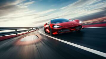 Red sport car on the road with motion blur effect photo