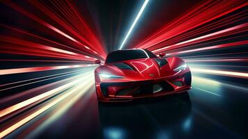 Red sport car on the road with motion blur effect photo