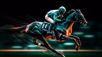 Horse and jockey race on black background photo