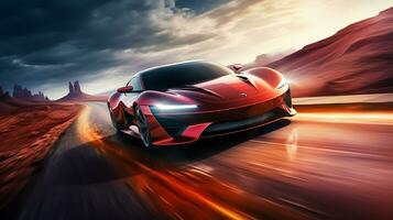 Red sport car on the road with motion blur effect photo