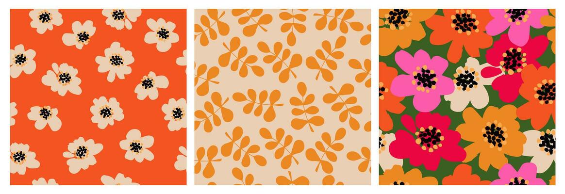 Set of hand drawn flowers, seamless patterns with floral for fabric, textiles, clothing, wrapping paper, cover, banner, interior decor, abstract backgrounds.