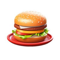 Hamburger in red plate, 3d clay icon. AI generative. png