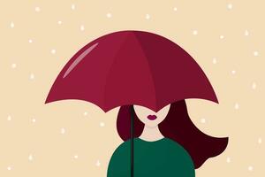 Beautiful woman under red umbrella. Raindrops on beige background. Flat vector illustration