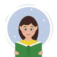 Cute smiling girl reading book. International Literacy or World book reading Day. Education, knowledge, study concept. Flat vector illustration