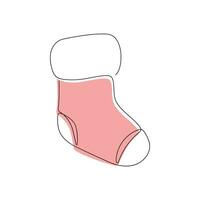 Christmas stocking drawn in one continuous line in color. One line drawing, minimalism. Vector illustration.