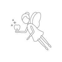 Cute tooth fairy with wings and tooth. Line art icon. Vector illustration