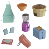 3d rendido cozinha utensílios inclui Magia jarra, liquidificador, torradeira, misturador, avental, Saldo perfeito para cozinha Projeto projeto png