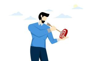 The concept of determining the target market for small businesses. Narrow down the target audience. Focus on a specific goal or group. Businessman trying to aim, create flat vector illustration.