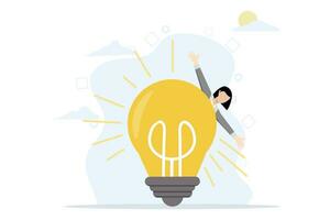 Successful businesswoman standing behind a light bulb as a symbol of great investment performance, and positive and thriving business progress. flat vector illustration on a white background.