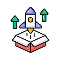 Box with rocket showing product release concept vector, business startup icon vector