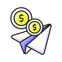 Paper plane with dollar coins, concept of money transfer, transactions, payments, online banking, vector illustration