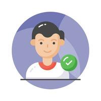 Check Mark on human avatar, well designed icon of authorized user, selected candidate, verified user vector