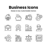 Get your hands on this beautifully designed business icons set in trendy style, ready to use vectors