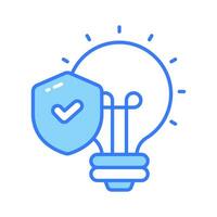 Safety shield with tick mark inside light bulb, concept of idea protection icon vector