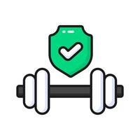 Dumbbell with safety shield denoting concept icon of health insurance, healthcare protection, fitness vector