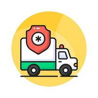 Medical ambulance, emergency vehicle with medical shield showing concept icon of medical insurance vector