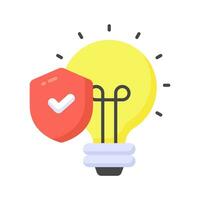 Safety shield with tick mark inside light bulb, concept of idea protection icon vector