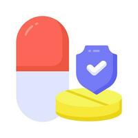 Protection shield with medicine pills showing concept icon of medicine protection, drugs safety vector