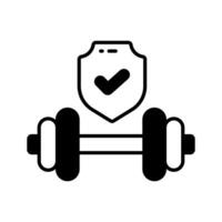 Dumbbell with safety shield denoting concept icon of health insurance, healthcare protection, fitness vector