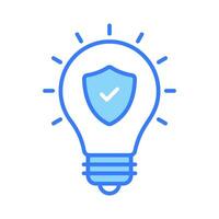 Safety shield with tick mark inside light bulb, concept of idea protection icon vector