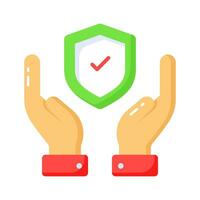 Protection shield with check mark in hands, trendy icon of insurance editable design vector