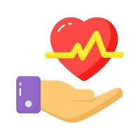 Heartbeat waves on heart with hand, concept icon of health insurance, heart care vector