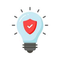 Safety shield with tick mark inside light bulb, concept of idea protection icon vector