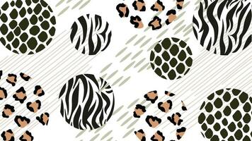 Abstract geometric background of animal fur and skin patterns. Modern patchwork style. Collage of zebra, snake, leopard patterns in circles. Vector. For fabric print, clothes, covers, textiles vector