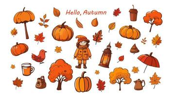 Autumn set. Doll, pumpkin, leaves, street lamp, cup, teapot, trees, umbrella, bag, bird. Collection of elements for scrapbooking, stickers. Autumn postcard. Vector