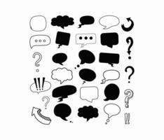 Empty speech bubbles, conversational cloud. Place for text, short phrases. Question mark, exclamation mark, arrows. Black and white vector illustration, isolated background. Online chat.