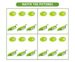 Educational game for kids, math activity worksheet. Match peas with correct answers. vector