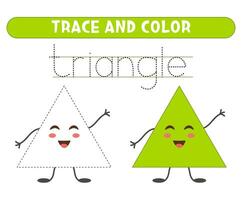 Trace and color cute triangle. Basic geometric shapes. Worksheet for kids. vector