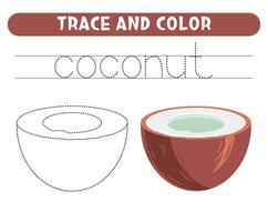 Trace and color coconut. Worksheet for kids vector