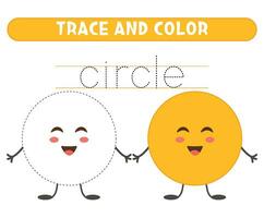 Trace and color cute circle. Basic geometric shapes. Worksheet for kids. vector