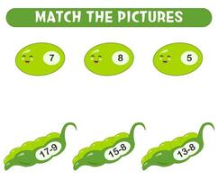 Educational game for kids, math activity worksheet. Match peas with correct answers. vector