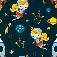 Childish seamless vector pattern girl in space, rocket, spaceships and planets with stars. Space princess astronaut. Trendy kids vector background for wrapping paper, textile, fabric, invitation