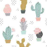 Vector seamless cactuses pattern with dots chia on white background, hand drawn sketch with cactuses in flowerpots. Mexican cute cactus print in pastel colors.