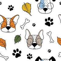 Hand-drawn vector color seamless childish simple pattern. Dog cute faces with glasses, bones, paws, autumn leaves and bowls on a white background. Trendy Scandinavian vector background. Cute animals.