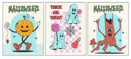 Groovy retro flyir Halloween. Set of posters with ghost and pumpkin, evil tree in character cartoon style vector