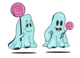 Groovy retro ghost is holding candy. Cartoon character style for Halloween vector