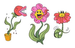 Set of groovy monster flowers and plants with teeth and face. Halloween retro bright flower predatory in cartoon style. vector