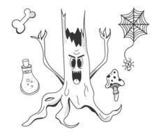 Groovy evil tree in character cartoon style. Collection of items web, bottle in line black style vector