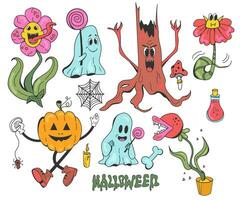 Groovy set of colourful elements for Halloween in retro hippie cartoon style. Cute pumpkin and ghost hold sweet. Flowers monster with teeth vector