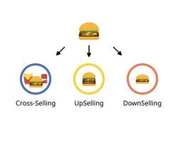 Crossselling compare with upselling and downselling for sales technique to encourage customer to buy vector