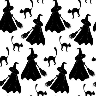 Helloween endless pattern of abstract silhouette image of witch in cap and cloak with broom and cat