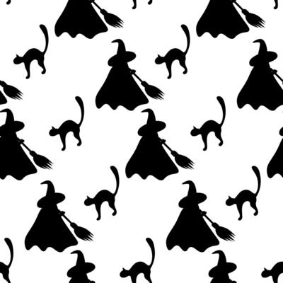 Helloween endless pattern of abstract silhouette image of cat and witch in cap and cloak with broom