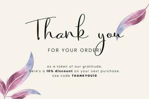 Thank you for your ORDER, printable vector illustration with watercolor frame. Business thank you customer card, creative graphic design template. Soft watercolor background, business card.